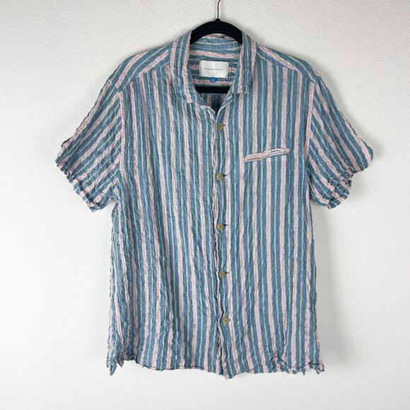 Solid Striped Seersucker Shirt Mens Large Crinkle Button Down Short Sleeve Beach - Picture 1 of 11